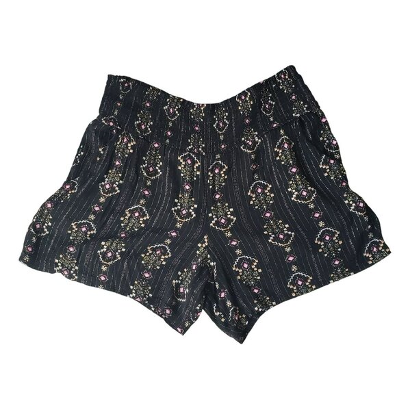 Three Dots Black Metallic Gold Floral Boho Print Elastic Waist Lightweight Short - Picture 2 of 10